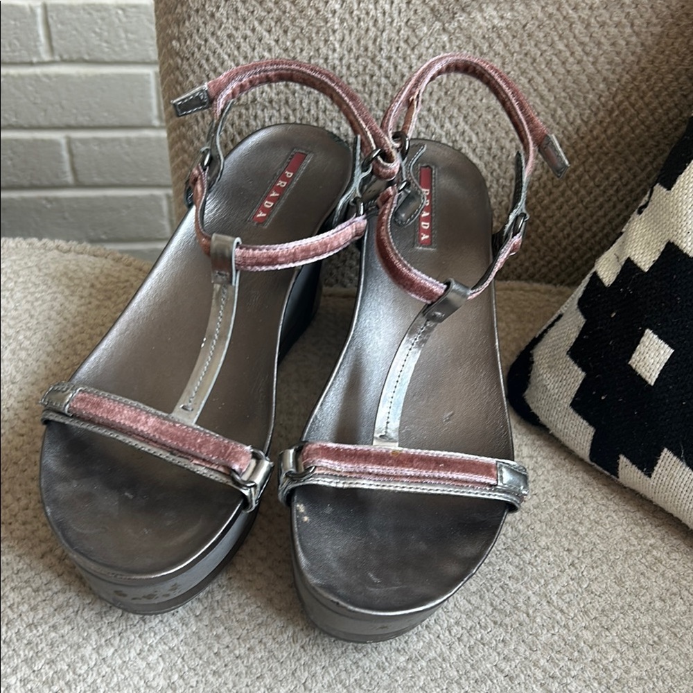 PRADA Metallic & Velvet Wedge Sandals - Picture 6 of 10